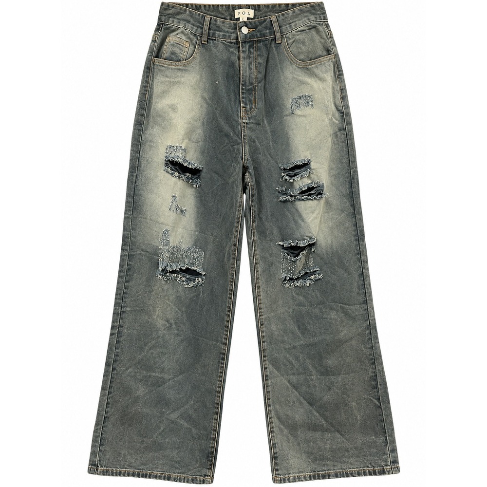 POL Y2K Grunge Distressed Wide Leg Jeans L Gray Olive Ripped Baggy Denim